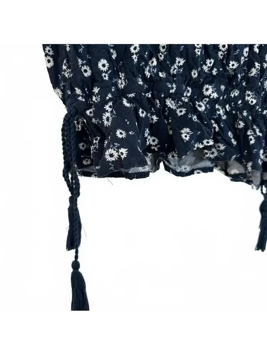 Floral Print Short Sleeve Cinched Waist Blouse BLUE WHITE XS - Picture 6 of 7